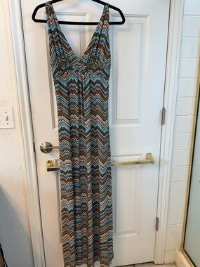 Summer Chevron Maxi Dress in Teal and Brown